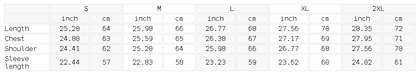 Size chart for the Unisex Paneled Raw Edge Boxy Sweatshirt