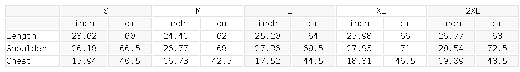 Size chart for the Unisex Performance Long Sleeve T-Shirt