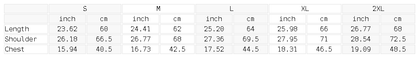 Size chart for the Unisex Performance Long Sleeve T-Shirt