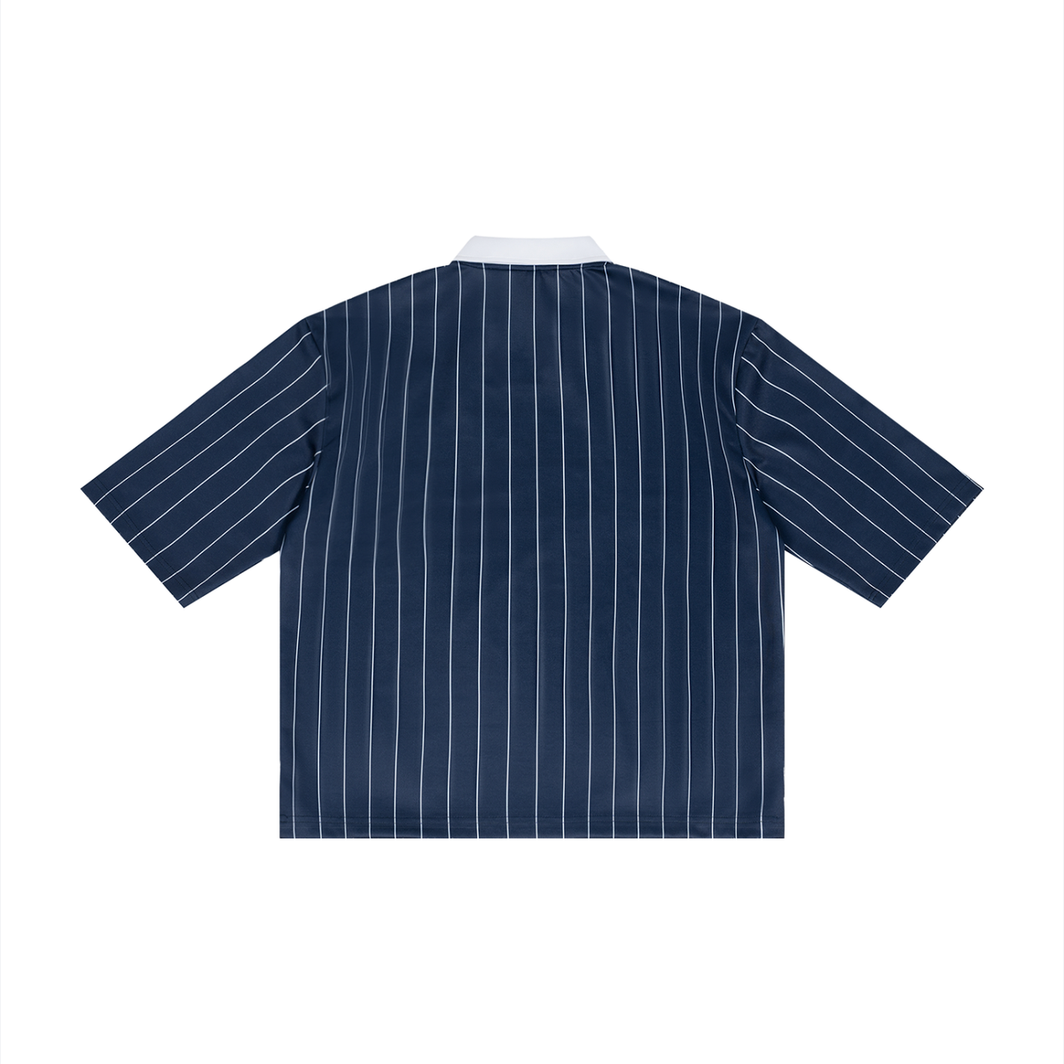 Unisex Pinstripe Collared Soccer Jersey in navy blue, alternate angle