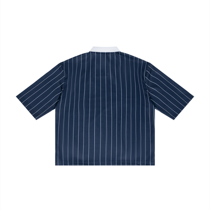 Unisex Pinstripe Collared Soccer Jersey in navy blue, alternate angle