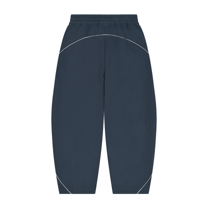Unisex Piping Fleece Barrel Leg Sweatpants in navy blue, alternate angle