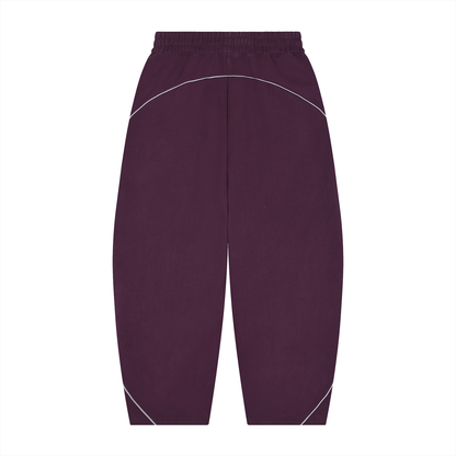 Unisex Piping Fleece Barrel Leg Sweatpants in plum purple, alternate angle