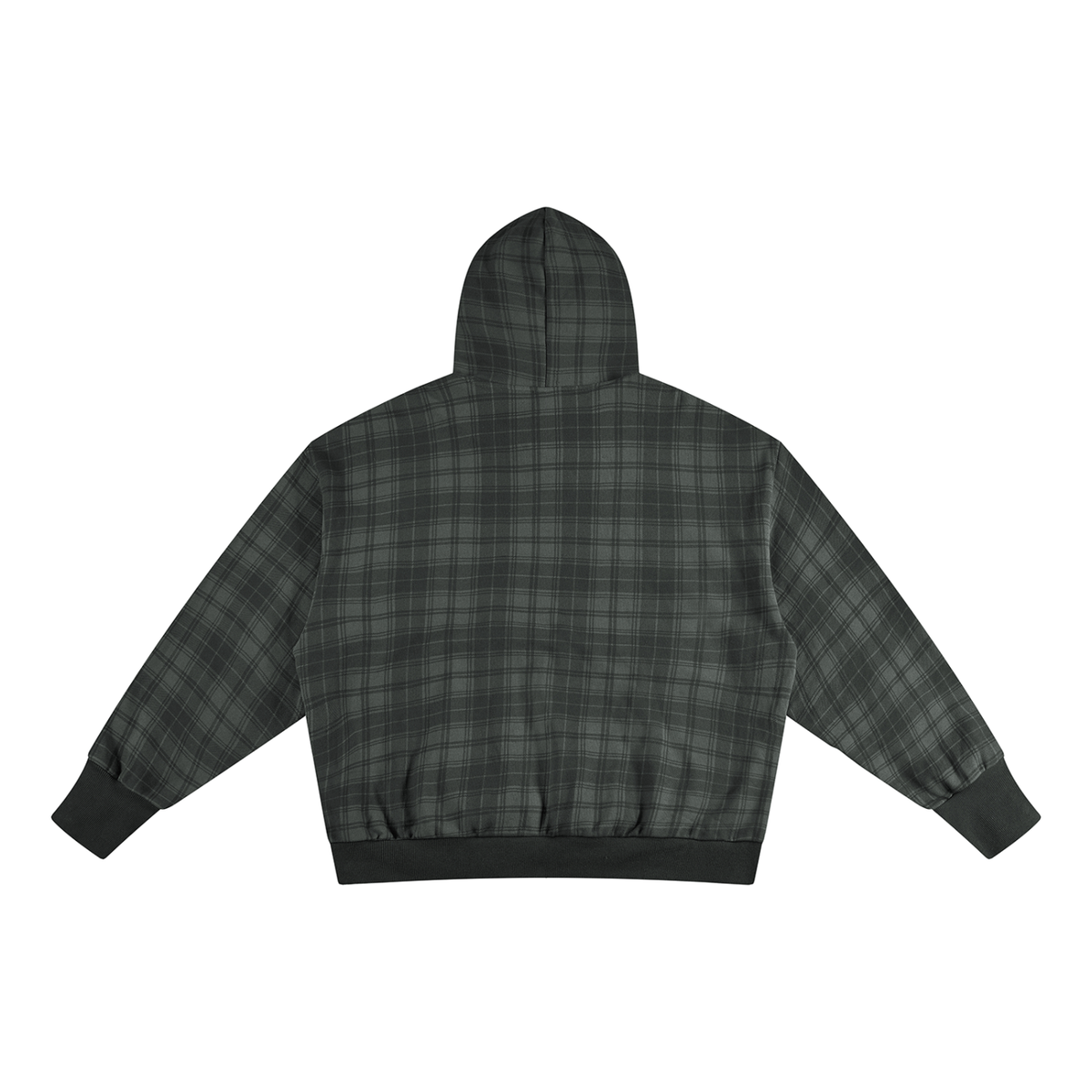 Unisex Plaid Color Block Hoodie in dark gray plaid, alternate angle