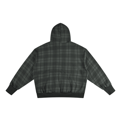 Unisex Plaid Color Block Hoodie in dark gray plaid, alternate angle