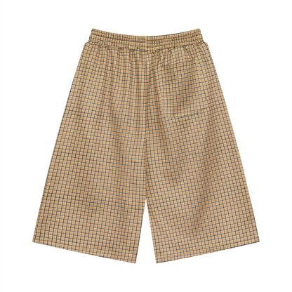 Unisex Plaid Drawstring Shorts in khaki plaid, alternate angle