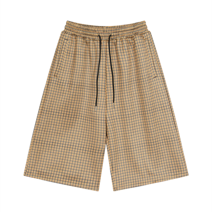 Unisex Plaid Drawstring Shorts in khaki plaid