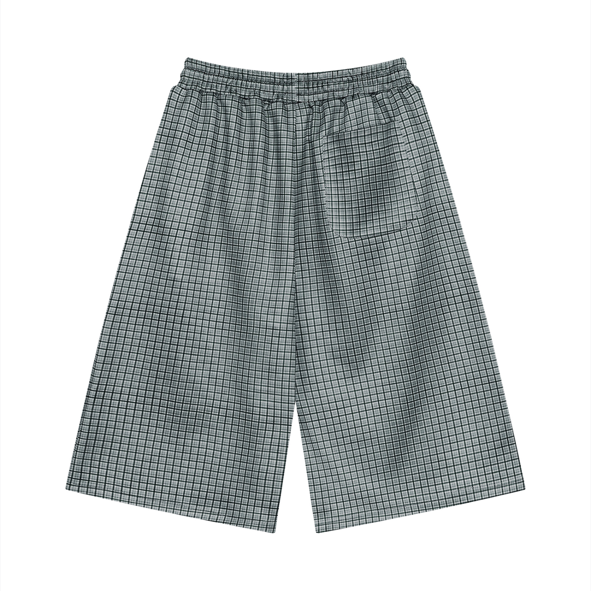 Unisex Plaid Drawstring Shorts in navy blue plaid, alternate angle