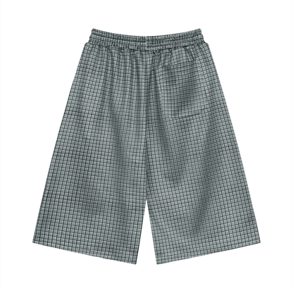 Unisex Plaid Drawstring Shorts in navy blue plaid, alternate angle