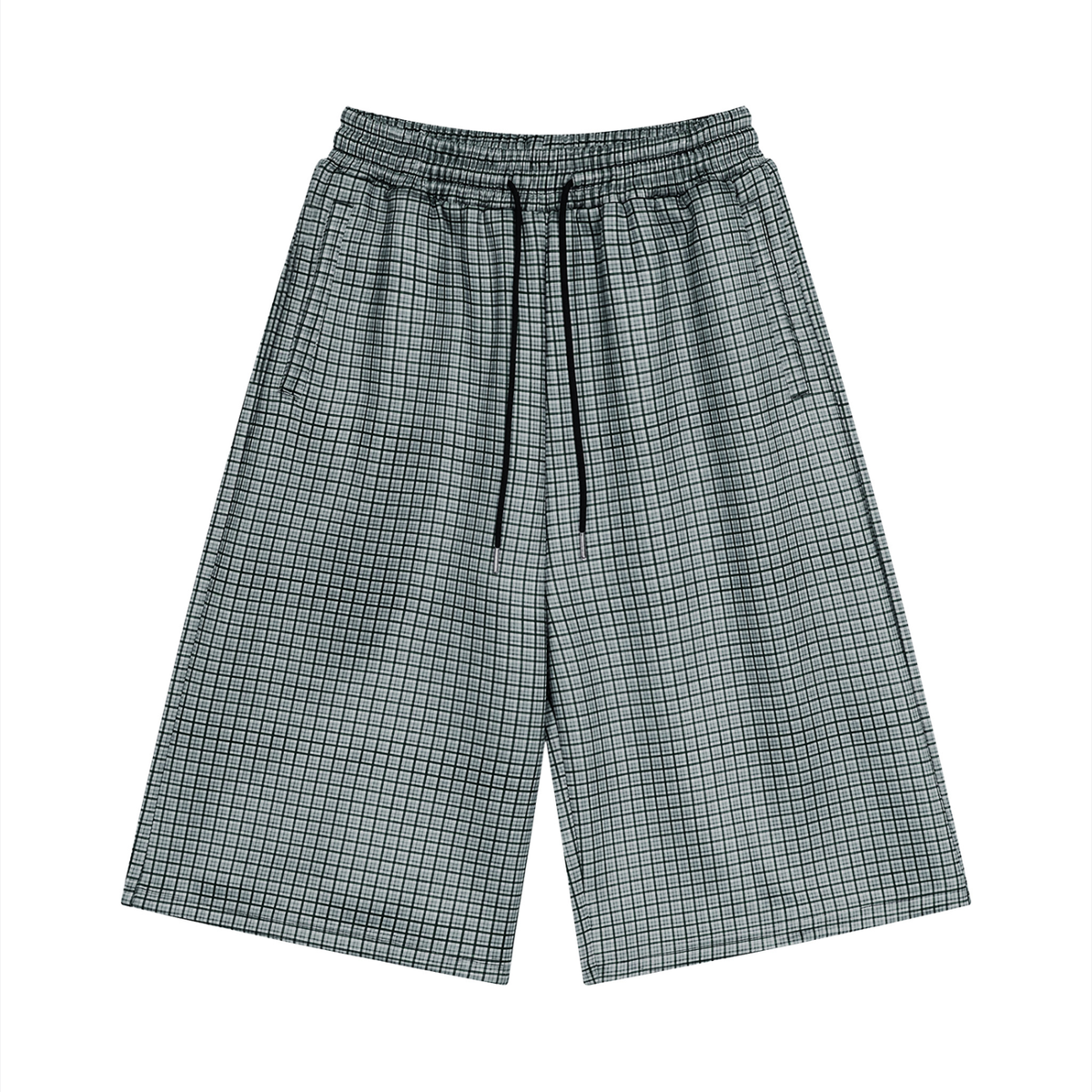 Unisex Plaid Drawstring Shorts in navy blue plaid