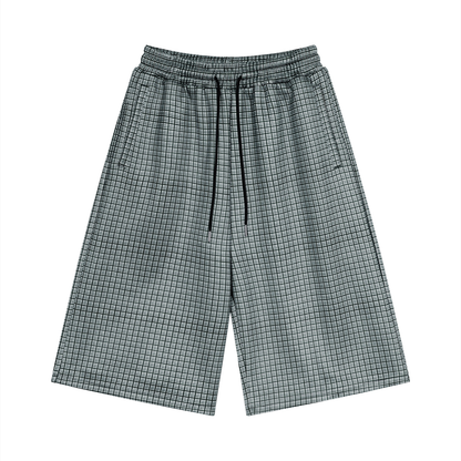Unisex Plaid Drawstring Shorts in navy blue plaid