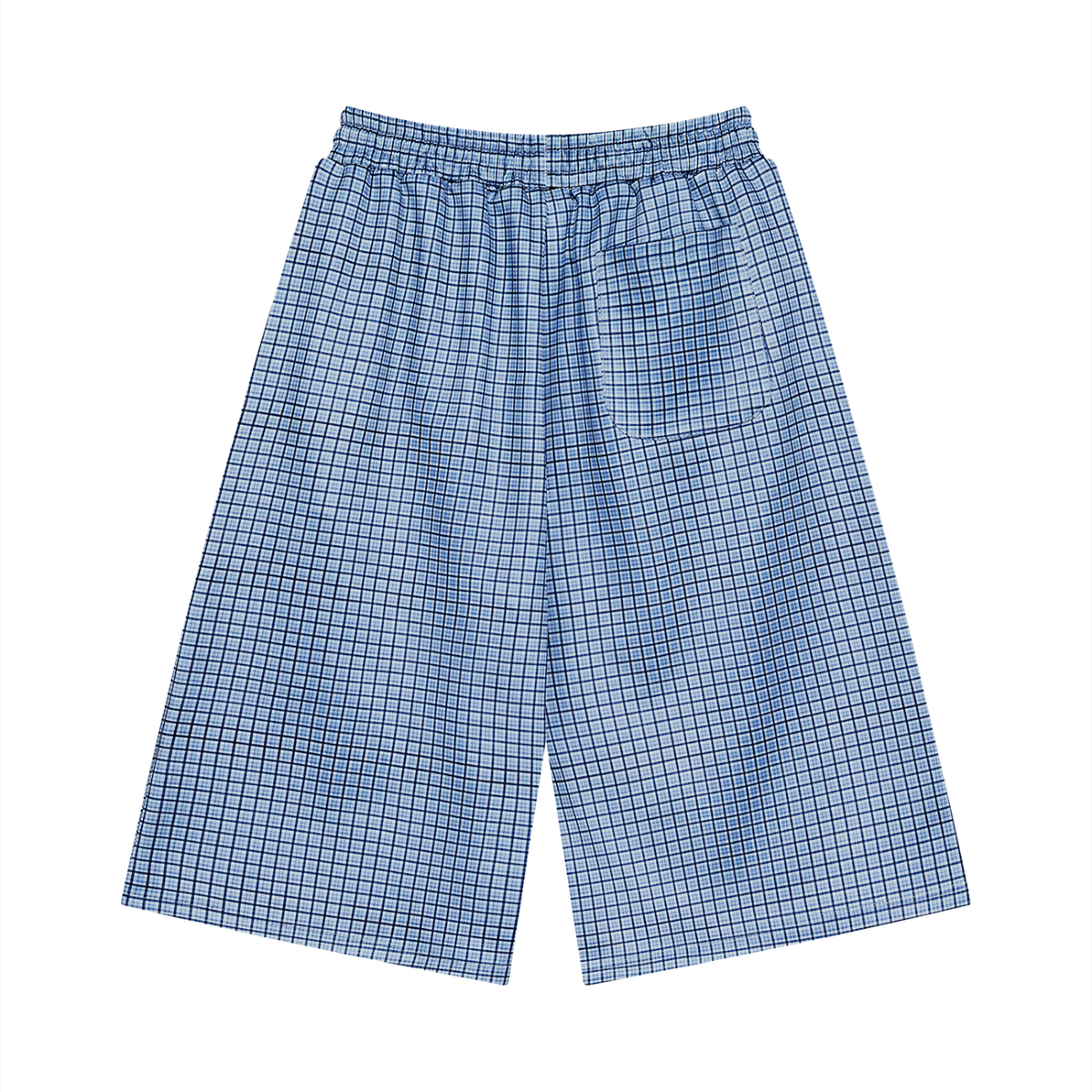 Unisex Plaid Drawstring Shorts in sky blue plaid, alternate angle