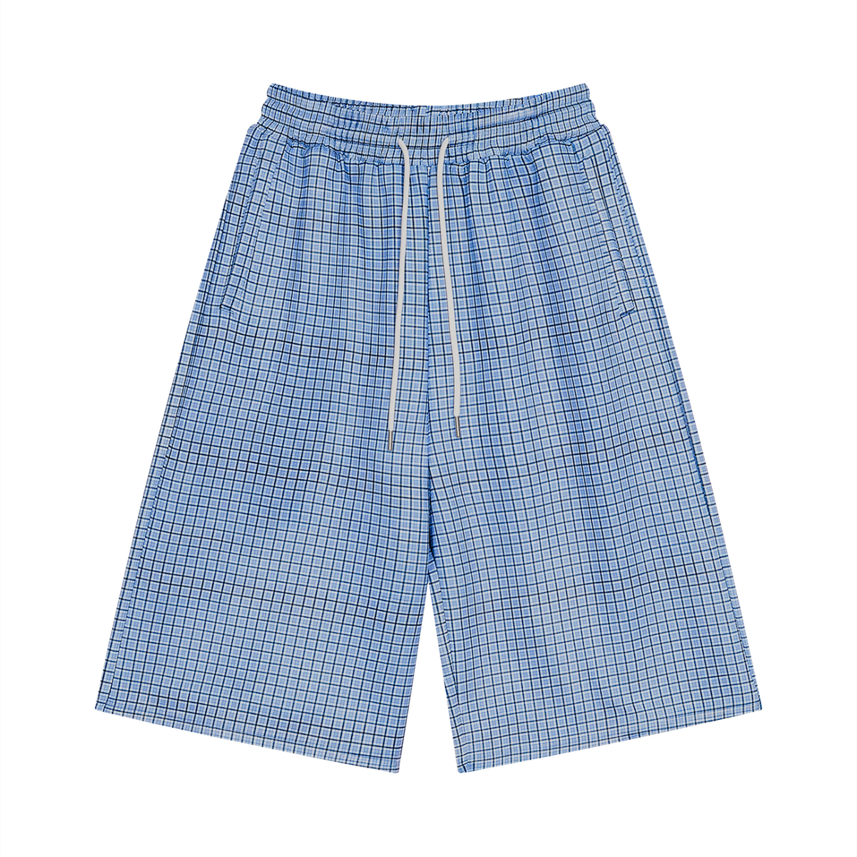 Unisex Plaid Drawstring Shorts in sky blue plaid