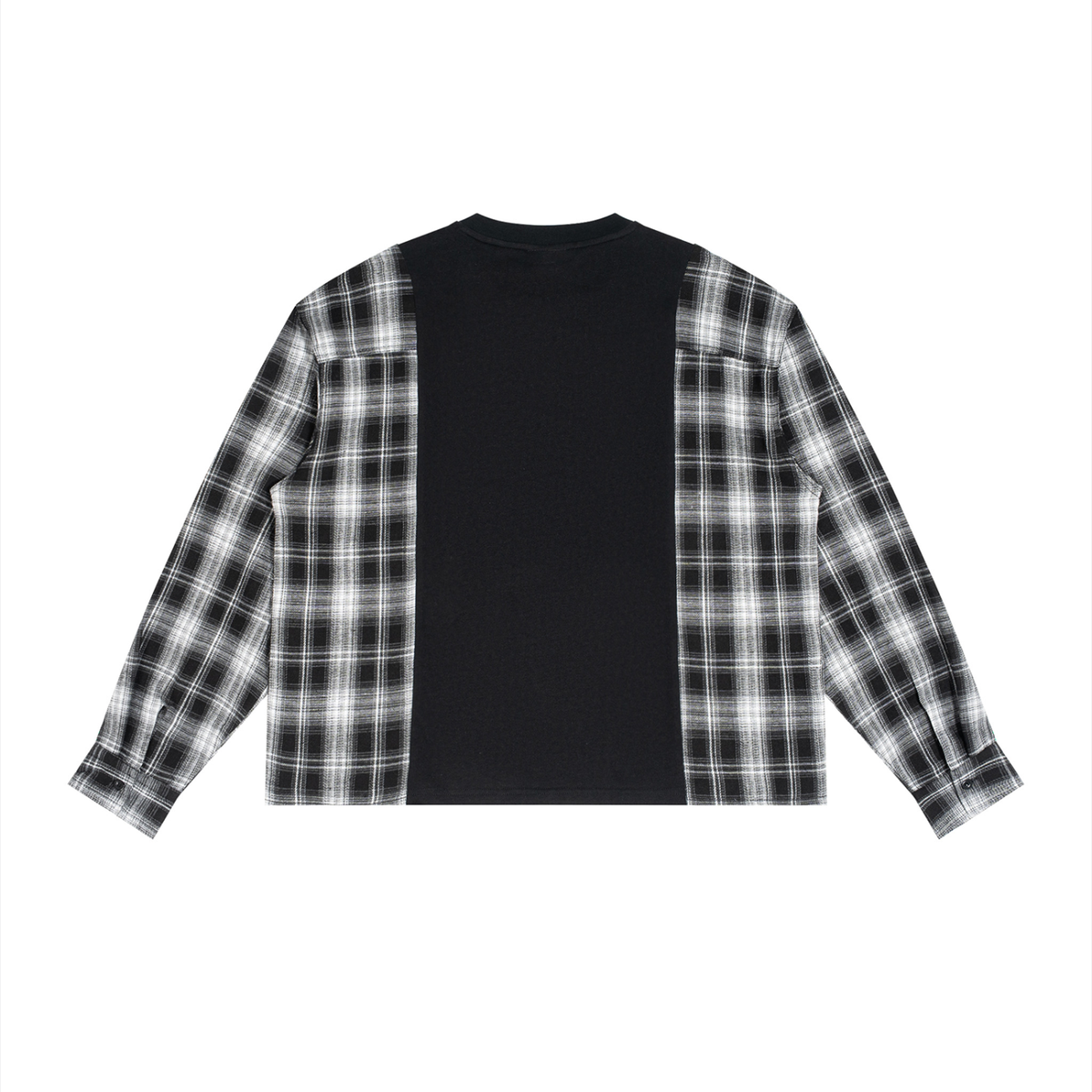 Unisex Plaid Panel Long Sleeve T-Shirt in black with white plaid, alternate angle