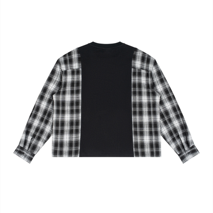 Unisex Plaid Panel Long Sleeve T-Shirt in black with white plaid, alternate angle