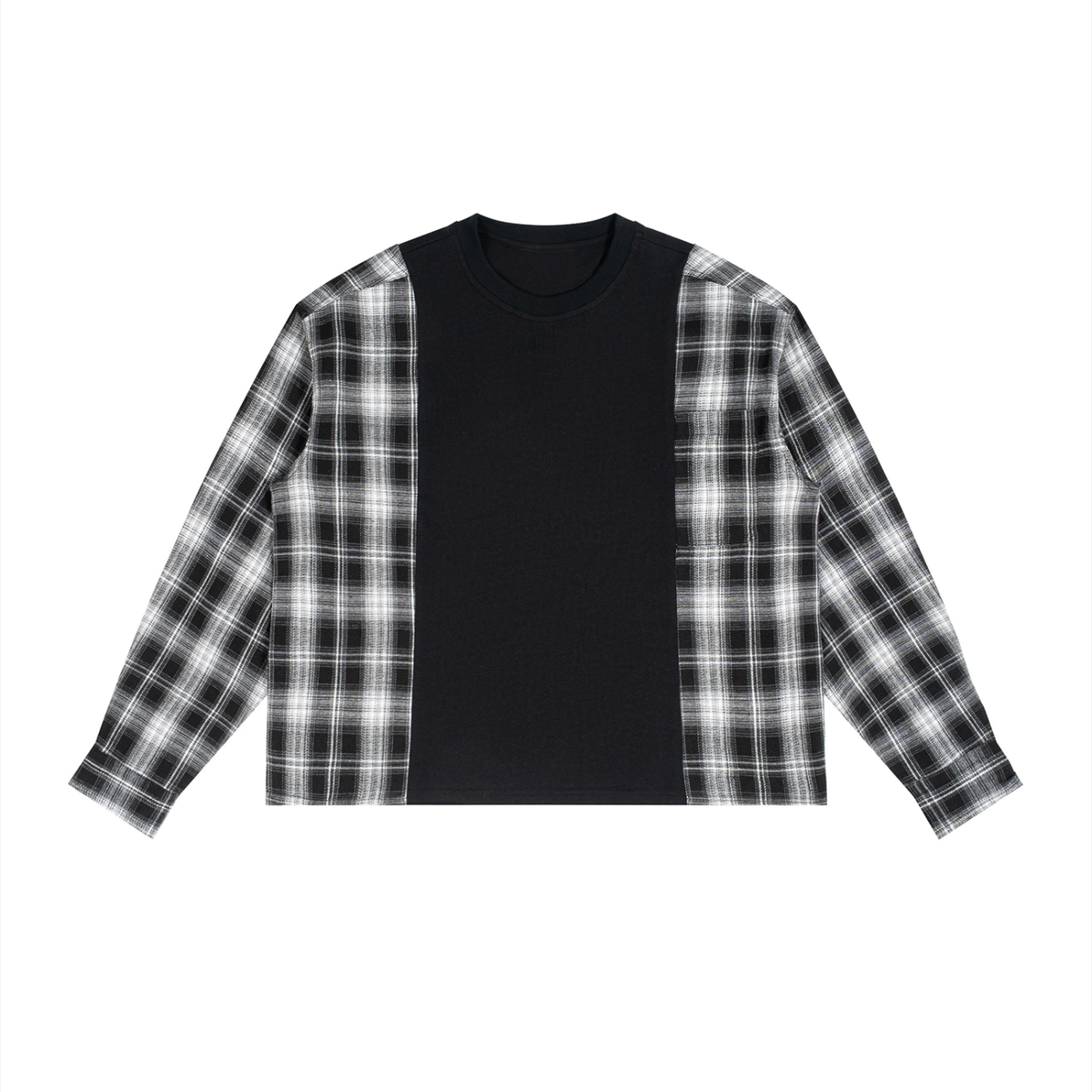Unisex Plaid Panel Long Sleeve T-Shirt in black with white plaid