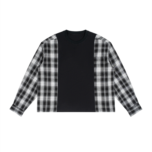 Unisex Plaid Panel Long Sleeve T-Shirt in black with white plaid