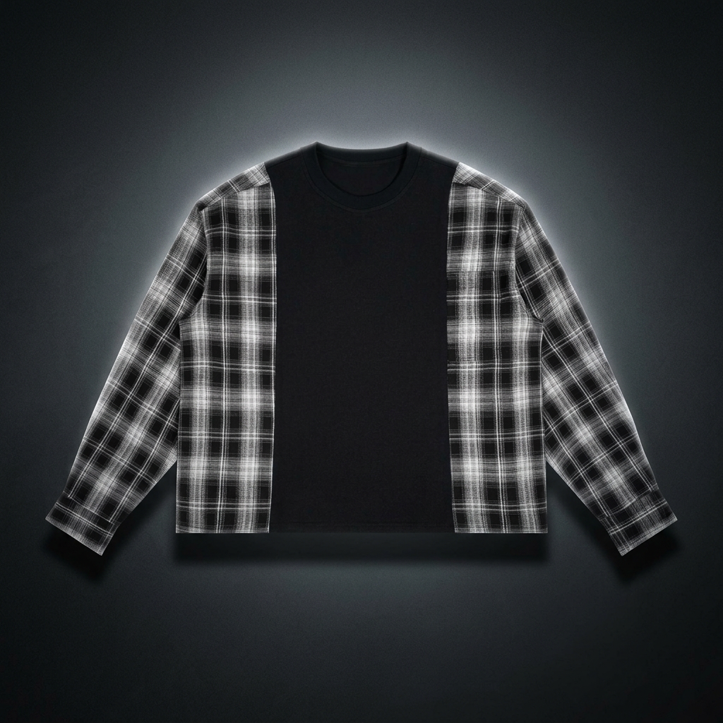 Unisex Plaid Panel Long Sleeve T-Shirt