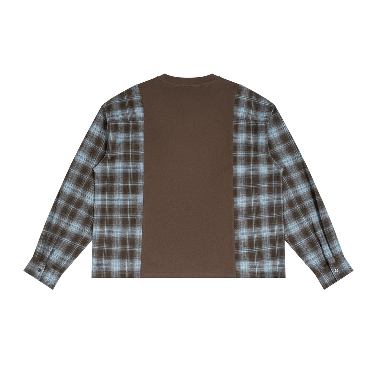 Unisex Plaid Panel Long Sleeve T-Shirt in coffee with sky blue plaid, alternate angle