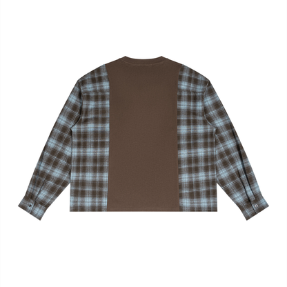 Unisex Plaid Panel Long Sleeve T-Shirt in coffee with sky blue plaid, alternate angle