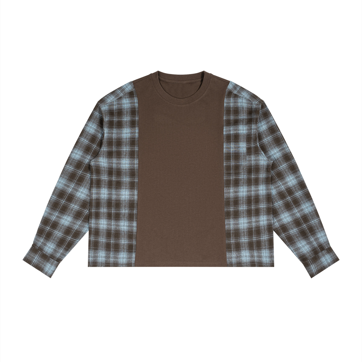 Unisex Plaid Panel Long Sleeve T-Shirt in coffee with sky blue plaid