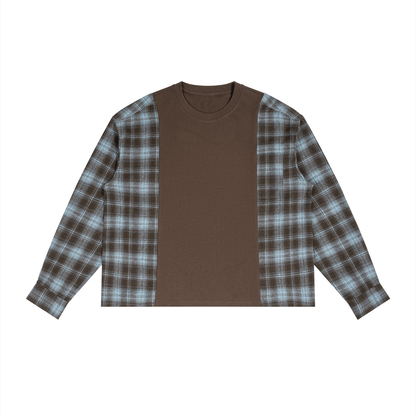 Unisex Plaid Panel Long Sleeve T-Shirt in coffee with sky blue plaid