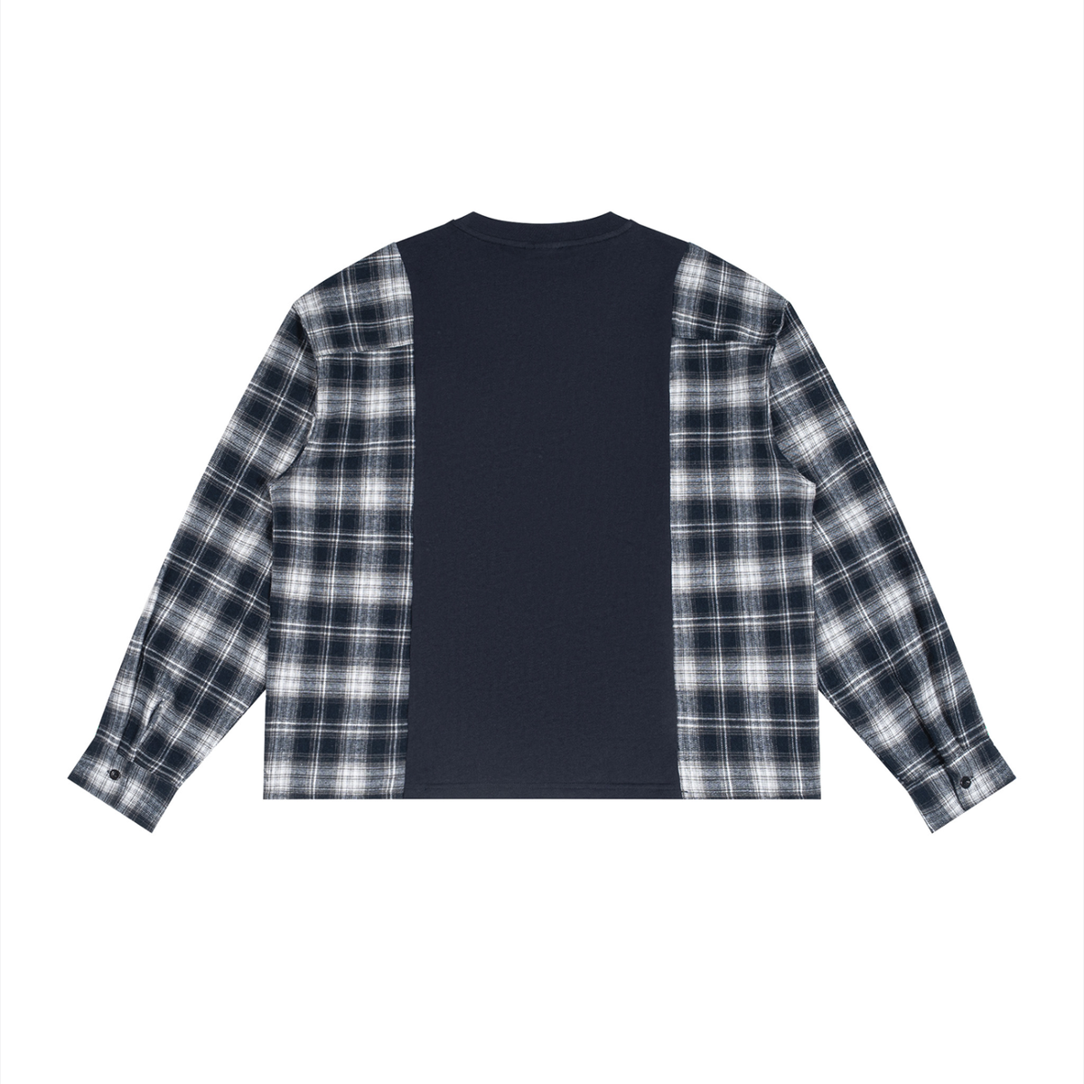 Unisex Plaid Panel Long Sleeve T-Shirt in navy blue with white plaid, alternate angle