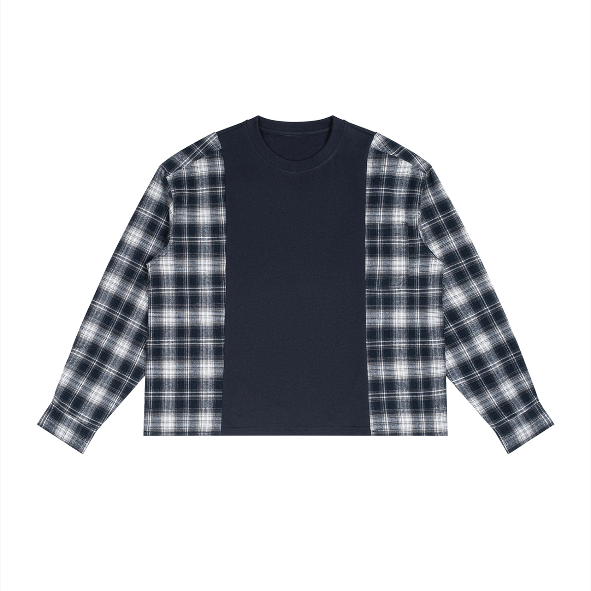 Unisex Plaid Panel Long Sleeve T-Shirt in navy blue with white plaid