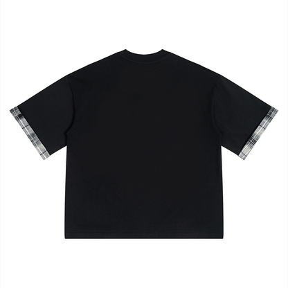 Unisex Plaid Paneled T-Shirt in black, alternate angle