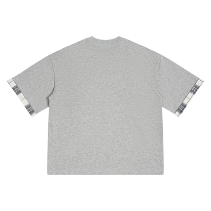 Unisex Plaid Paneled T-Shirt in flower gray, alternate angle