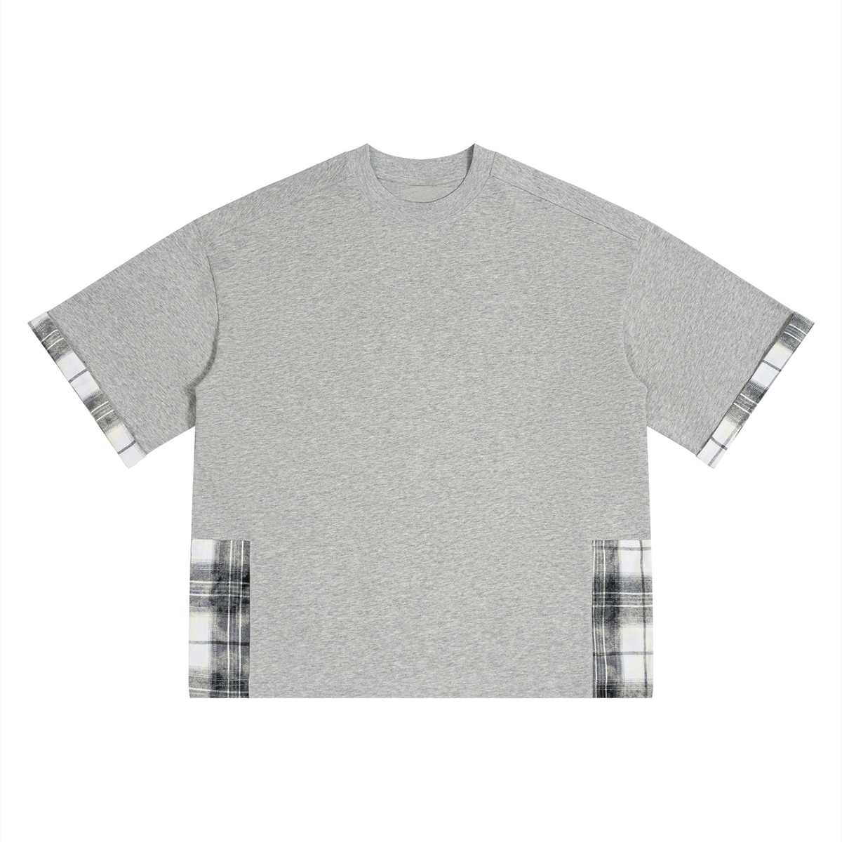 Unisex Plaid Paneled T-Shirt in flower gray