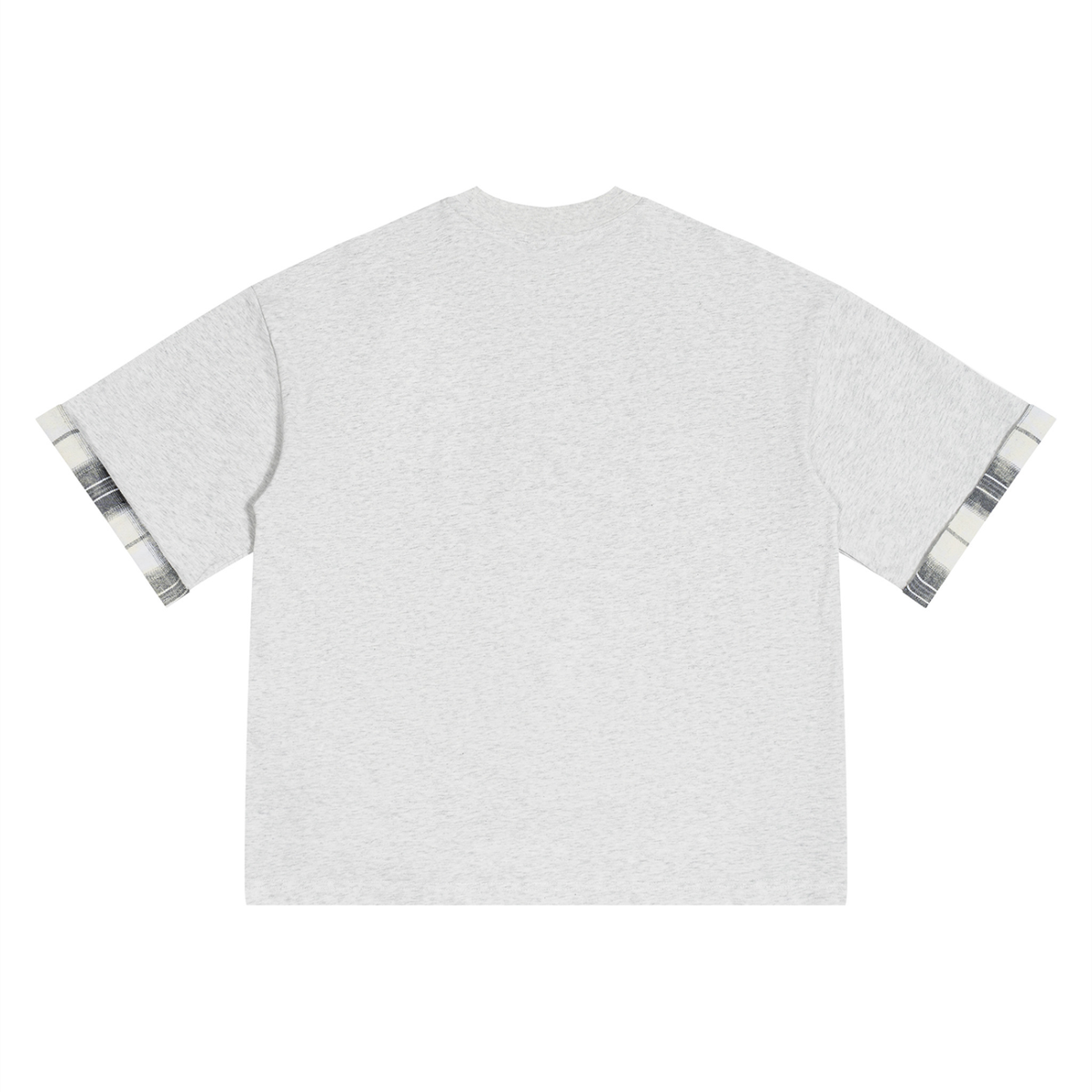 Unisex Plaid Paneled T-Shirt in oat gray, alternate angle