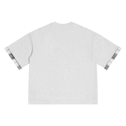 Unisex Plaid Paneled T-Shirt in oat gray, alternate angle