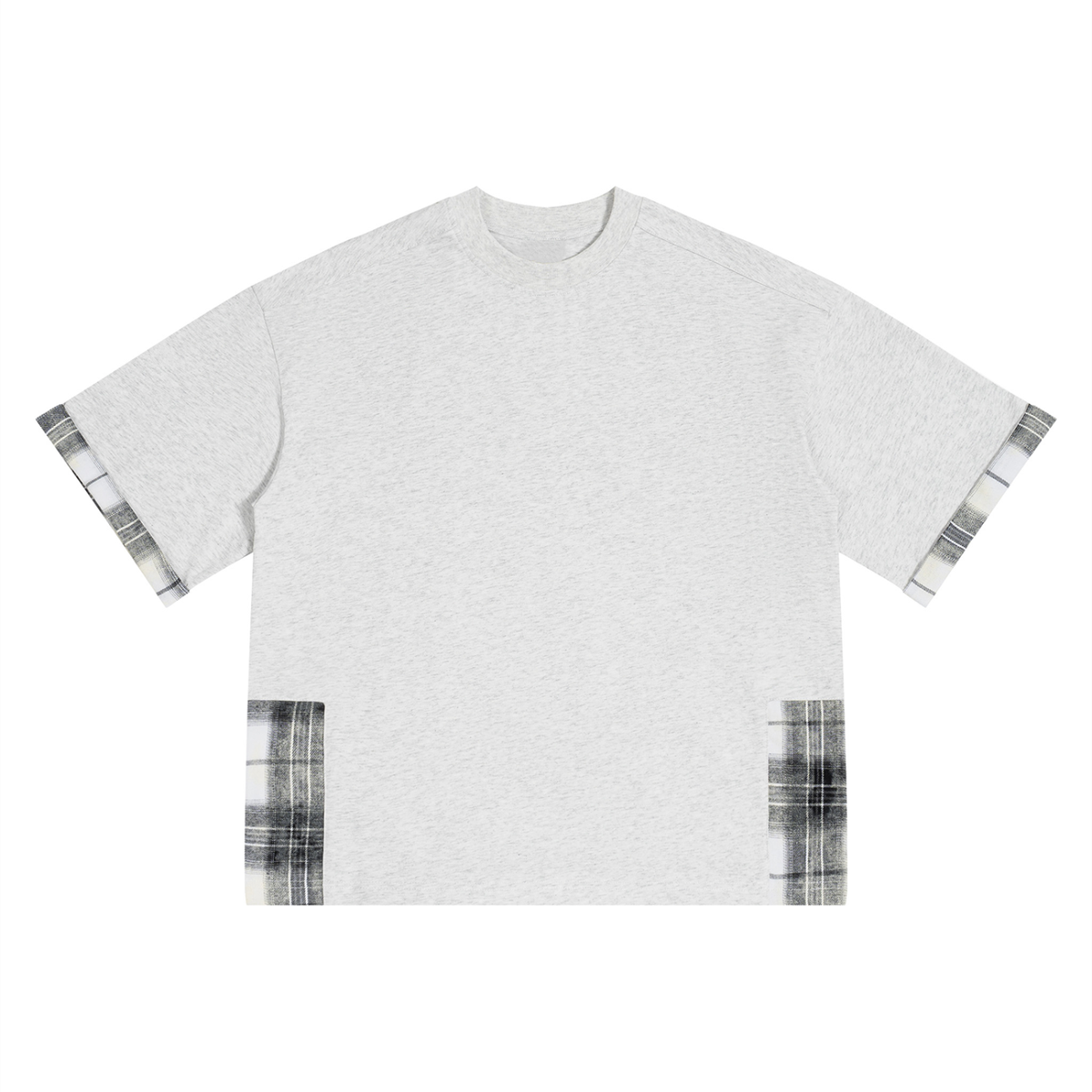 Unisex Plaid Paneled T-Shirt in oat gray