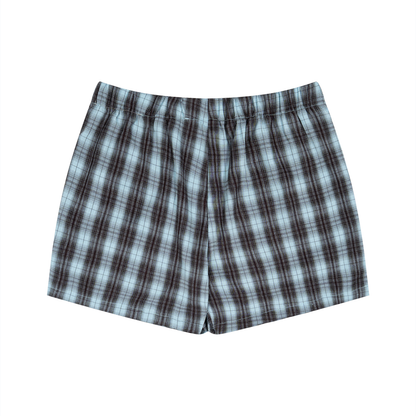Unisex Plaid Shorts in brown with blue, alternate angle