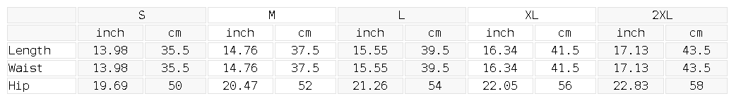 Size chart for the Unisex Plaid Shorts