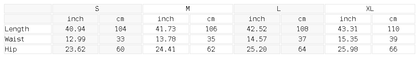 Size chart for the Unisex Plaid Straight Leg Pants