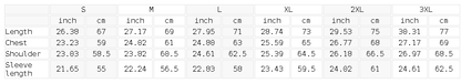 Size chart for the Unisex Polyester Drop Shoulder Crewneck Sweatshirt