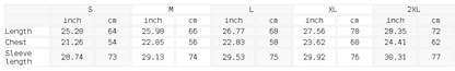 Size chart for the Unisex Quarter-Zip Pullover Sweatshirt