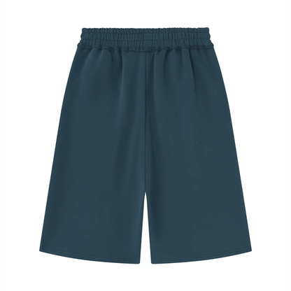Unisex Raw Edge Fleece Shorts in navy blue, alternate angle