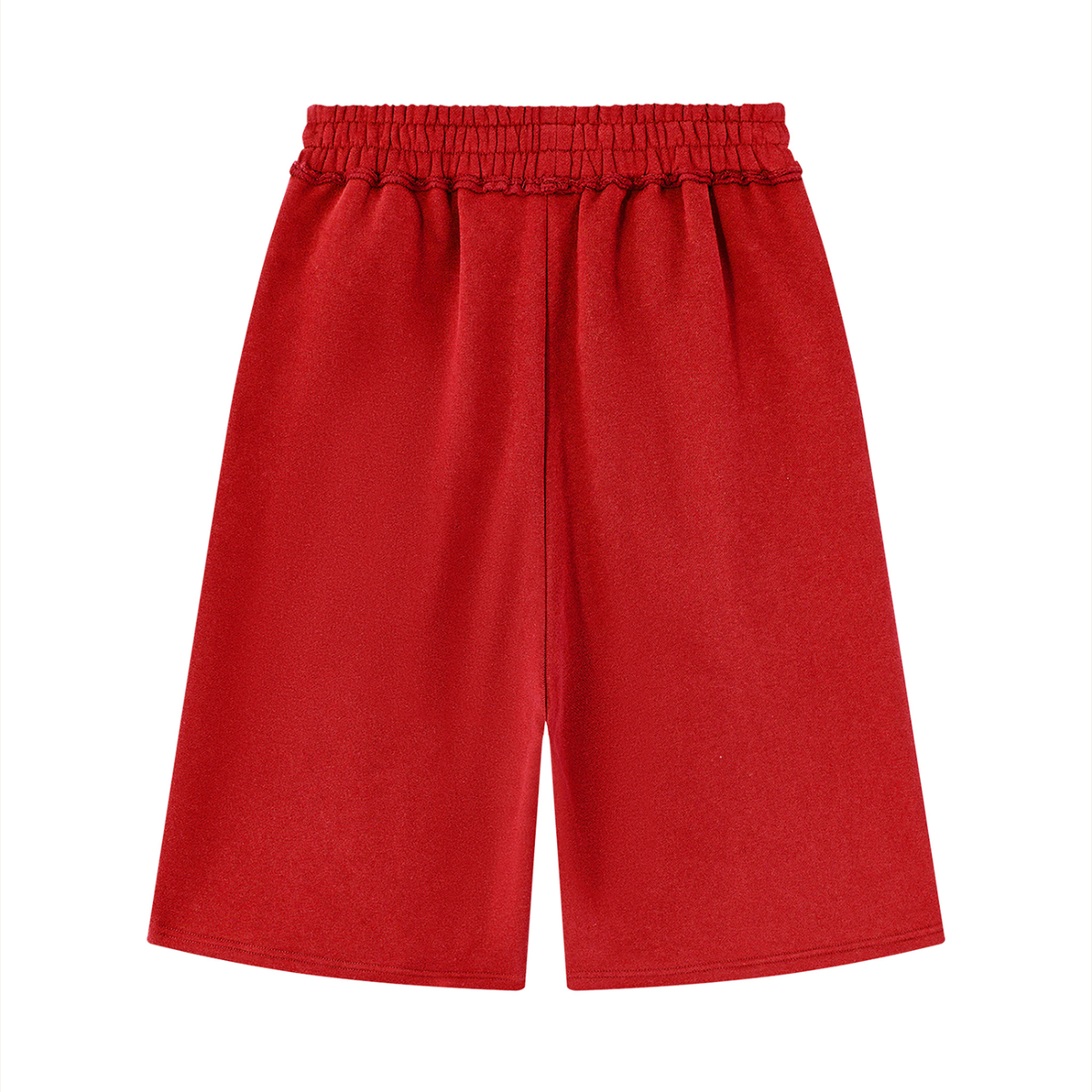 Unisex Raw Edge Fleece Shorts in red, alternate angle