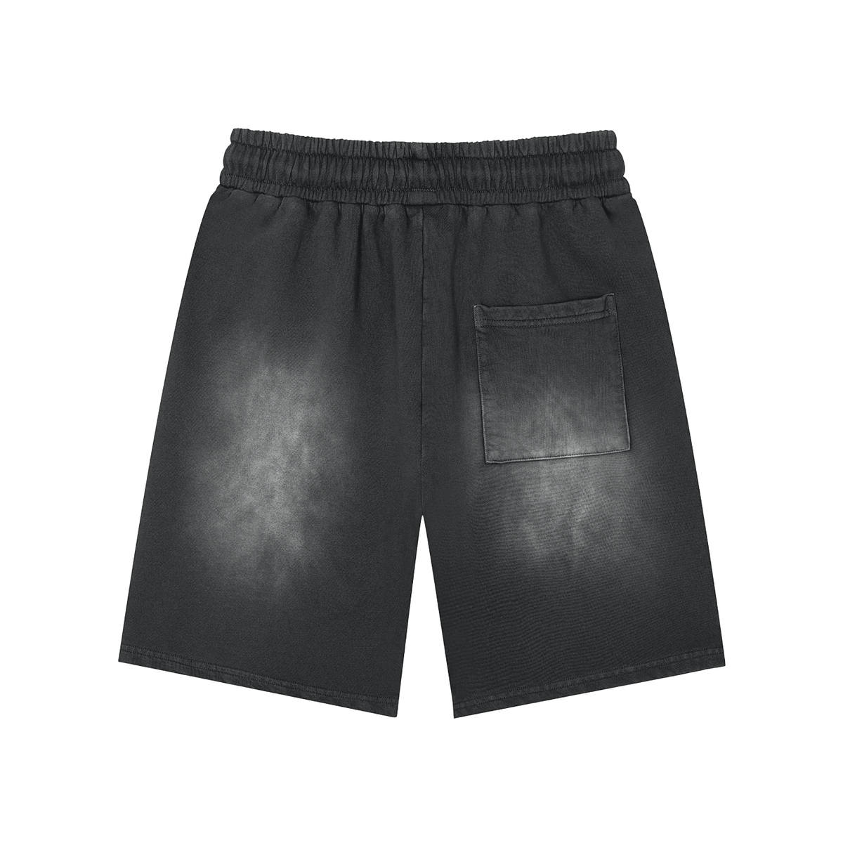 Unisex Rectangle Patch Monkey Washed Shorts in black, alternate angle