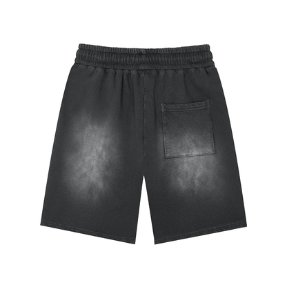 Unisex Rectangle Patch Monkey Washed Shorts in black, alternate angle