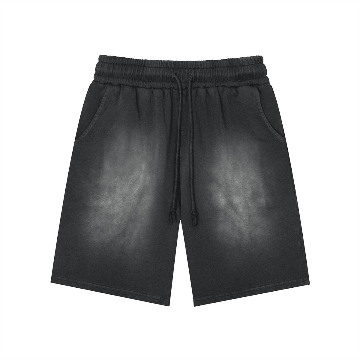 Unisex Rectangle Patch Monkey Washed Shorts in black