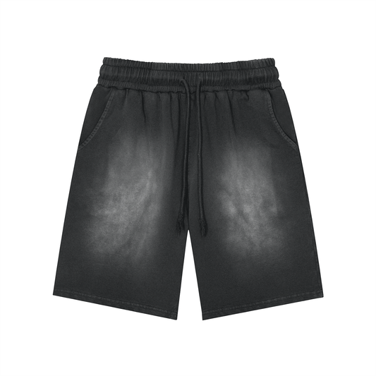 Unisex Rectangle Patch Monkey Washed Shorts in black