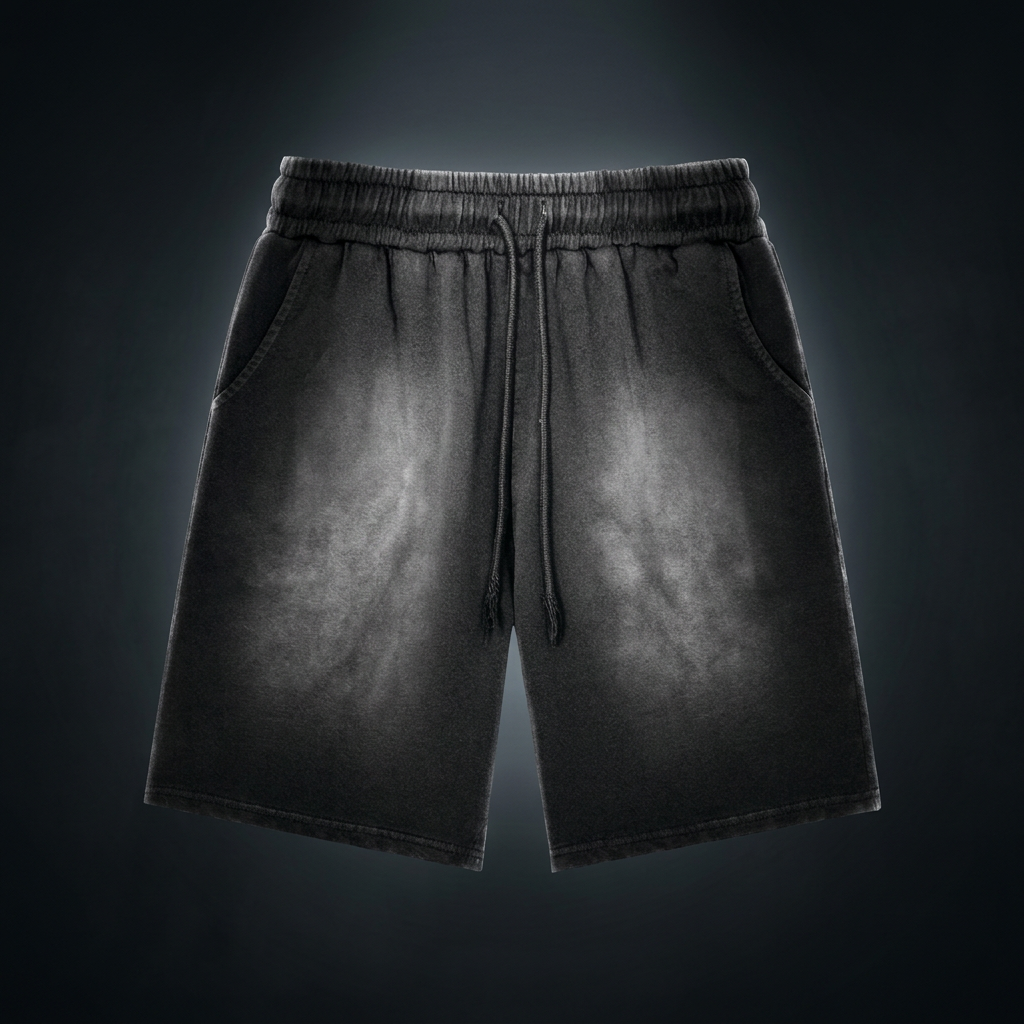 Unisex Rectangle Patch Monkey Washed Shorts
