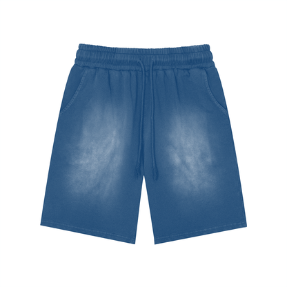 Unisex Rectangle Patch Monkey Washed Shorts in blue