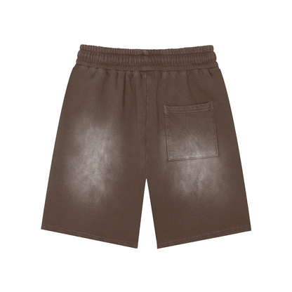 Unisex Rectangle Patch Monkey Washed Shorts in brown, alternate angle