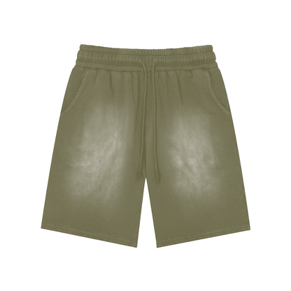 Unisex Rectangle Patch Monkey Washed Shorts in light green