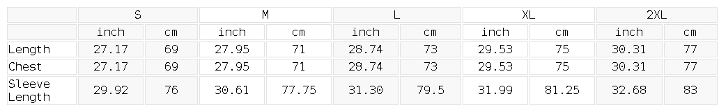 Size chart for the Unisex Reflection Striped Raglan Sleeve Jacket